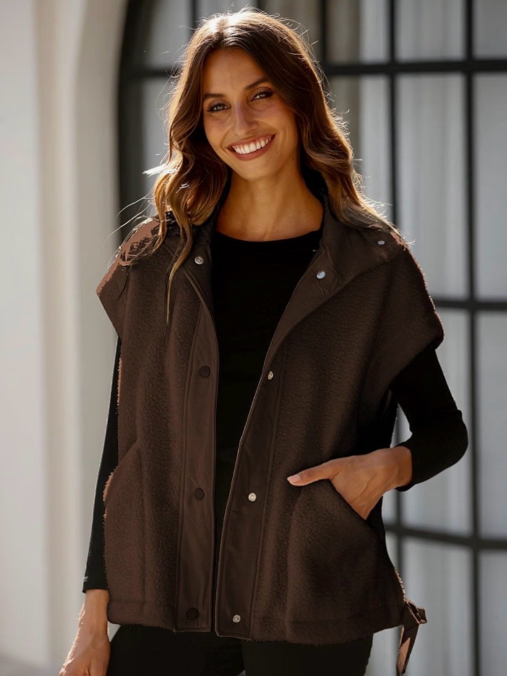 Women’s Brown Fleece Snap-Front Vest
